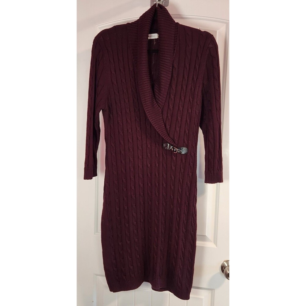Calvin Klein Sweater Dress Cable Knit Shawl Collar Toggle Eggplant Size Large